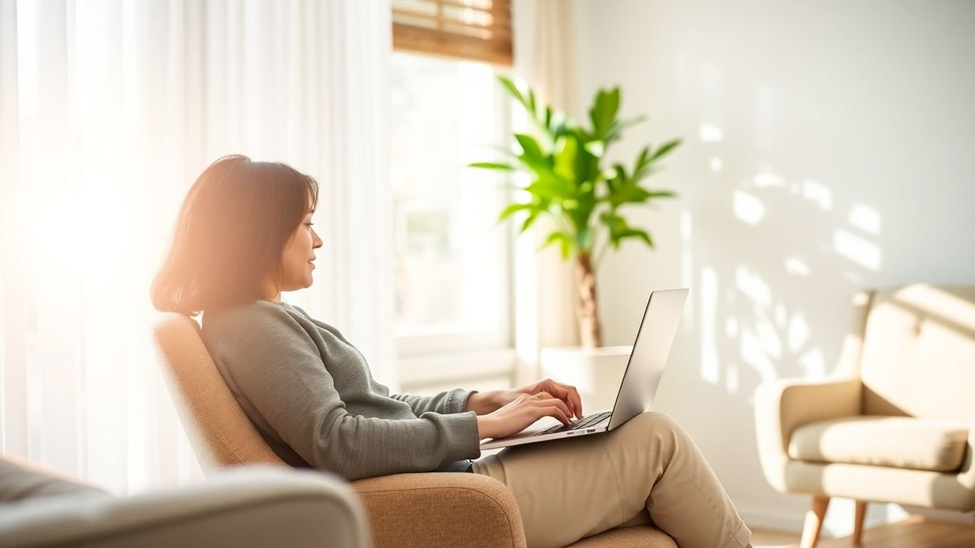 Person working on laptop in sunlit living room