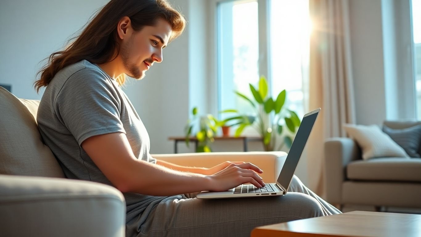 Person working on laptop in sunlit living room.